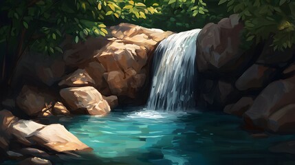A peaceful forest with a small waterfall cascading into a clear pool below