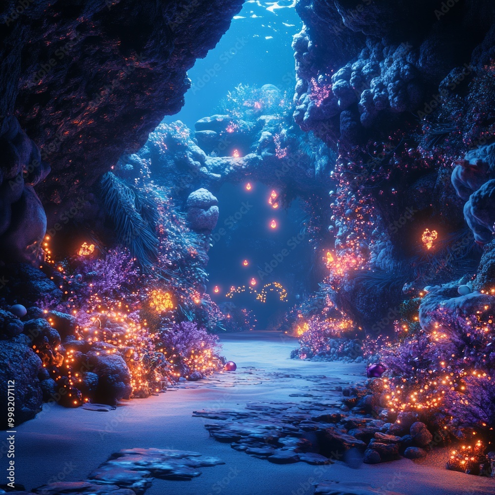 Poster Underwater cave with glowing coral and a sandy path.