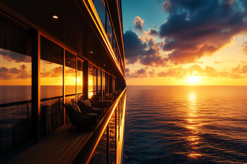 Modern cruise ship balcony with cozy seating, enjoying a moonlit ocean view at night, cruise ship balcony  ocean view  seating, moonlit ocean romance