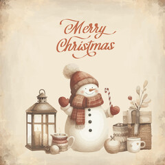 Watercolor snowman with christmas giftbox vector illustration.