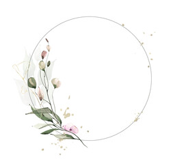 Delicate greenery frame watercolor painted. Wreath with branches, green, pink leaves, flowers, golden texture elements.