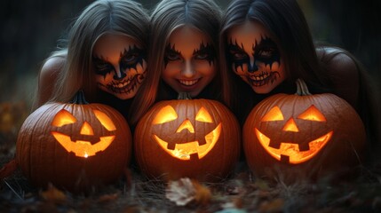 Halloween Celebrations with Witches and Pumpkins in an Autumn Forest Setting