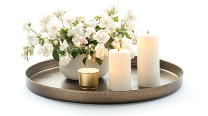 A decorative tray with candles and flowers, isolated on a white background