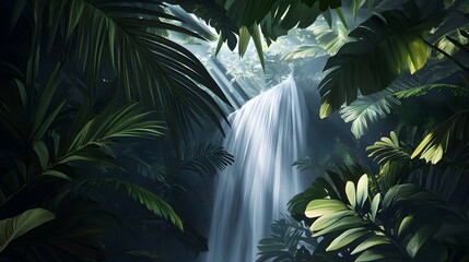 A waterfall in a tropical forest, with sunlight breaking through the trees