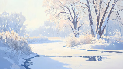 Obraz premium A winter landscape with snow-covered trees, a frozen pond, and soft sunlight