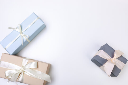  gift boxes on white background. Happy womens day. Happy Mothers day- Imahe
