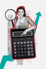 Vertical creative art collage of happy business girl point calculator arrow development progress finance isolated on painting background