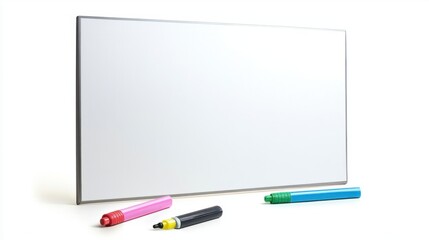 A modern whiteboard with markers and an eraser, isolated on a white background