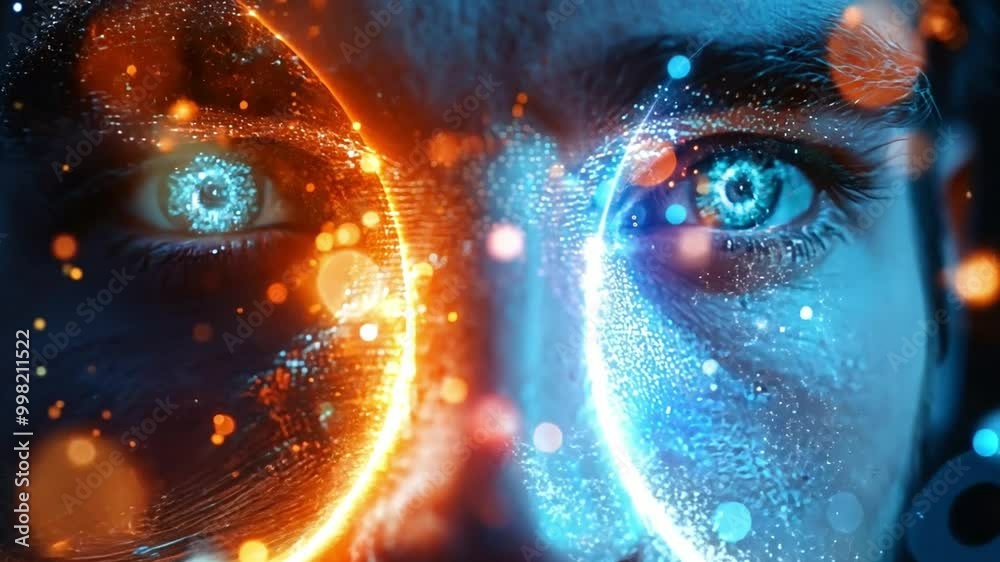 Poster a close-up of a man with electric blue eyes is illuminated by colorful particles, creating a captiva