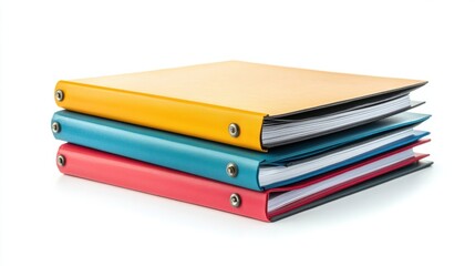 A set of office folders neatly stacked, isolated on a white background