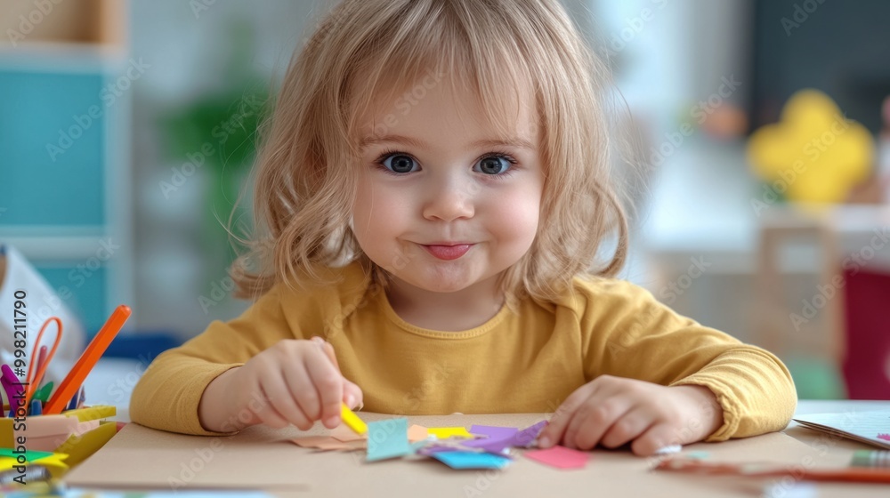 Wall mural A little girl sitting at a table with scissors and paper, AI