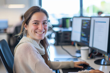 Female IT programmer collaborating with a diverse multi-ethnic team on software development projects in a modern office environment