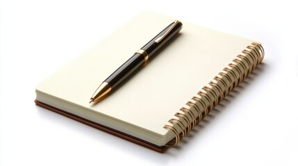 A spiral notebook with a pen resting on top, isolated on a white background