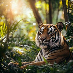 Obraz premium A tiger is laying in the grass in a jungle