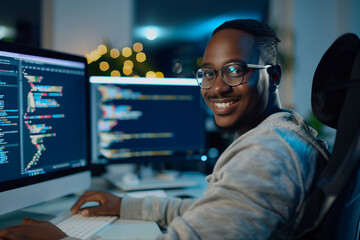 Man computer programmer focused on solving coding challenges in a dynamic multi-ethnic team office environment