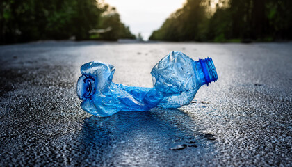 Crushed blue plastic bottle on asphalt. Recycle, planet pollution, save earth concept.