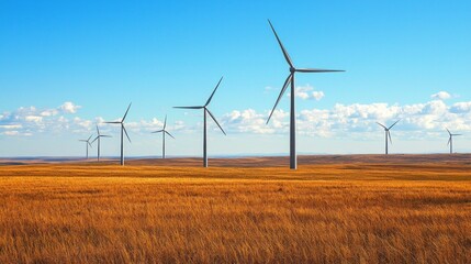 A field of wind turbines with a clear blue sky in the background