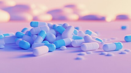 A pile of blue and white pills on a table