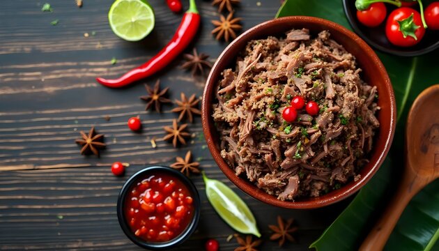 Serunding Spicy Meat Floss with Shredded Coconut and Red Chili Garnish (Malaysian Cuisine)