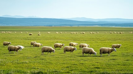 Fototapeta premium A flock of sheep grazing in a wide, open field, basking in the sunshine on a beautiful clear day, with green grass stretching into the horizon.
