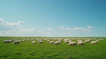 Obraz premium A flock of sheep grazing in a wide, open field, basking in the sunshine on a beautiful clear day, with green grass stretching into the horizon.
