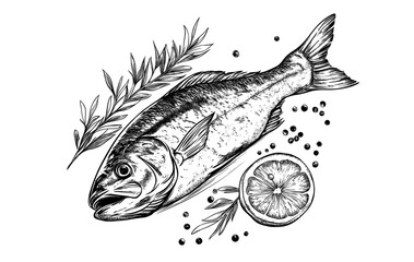 Seafood, salmon steak. Vintage retro print, seafood cuisine, grilled salmon steak, sketch ink pencil style drawing, linear, engrave old school. Sketch artwork silhouette salmon steak. Illustration