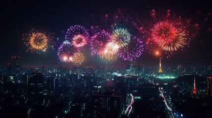 A city skyline is lit up with fireworks, creating a festive