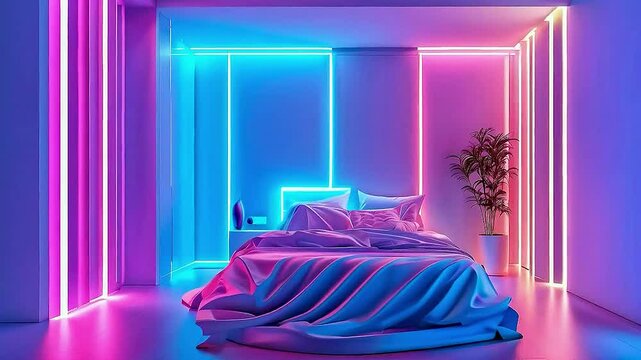 a bed  and  neon lights