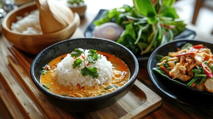 A beautifully arranged meal featuring paired with a refreshing Thai salad, illustrating the balance of flavors and textures in Thai cuisine.