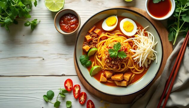 Mee Jawa Yellow Noodles in Sweet and Tangy Tomato Gravy with Boiled Eggs and Lime (Malaysian Cuisine)