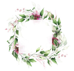 Delicate greenery square frame watercolor painted. Wreath with branches, green and pink leaves. Wedding ready design.