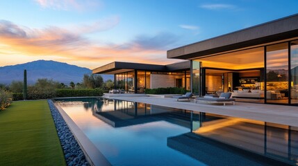 Fototapeta premium A gorgeous luxury home with floor-to-ceiling glass windows, a picturesque garden, and a contemporary pool, glowing in the warm hues of sunset, with a mountain range backdrop.