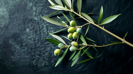 A branch of an olive tree with green olives and leaves sits on a dark background
