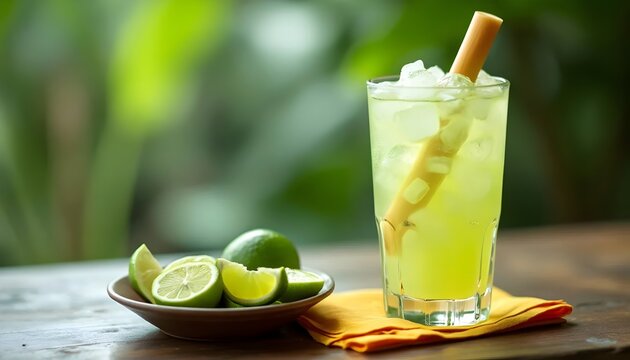 Guarapo Sugarcane Juice with Fresh Lime and Bamboo Straw on a Wooden Table (Cuban Cuisine)