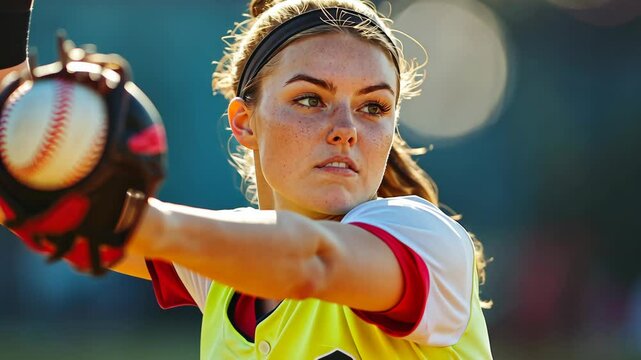 A young woman throws a baseball during a game on a sunny day