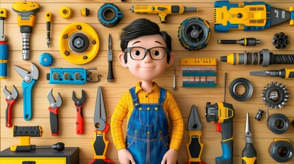 3d nerd cartoon illustration with tools for innovative studio concept and creative mock up