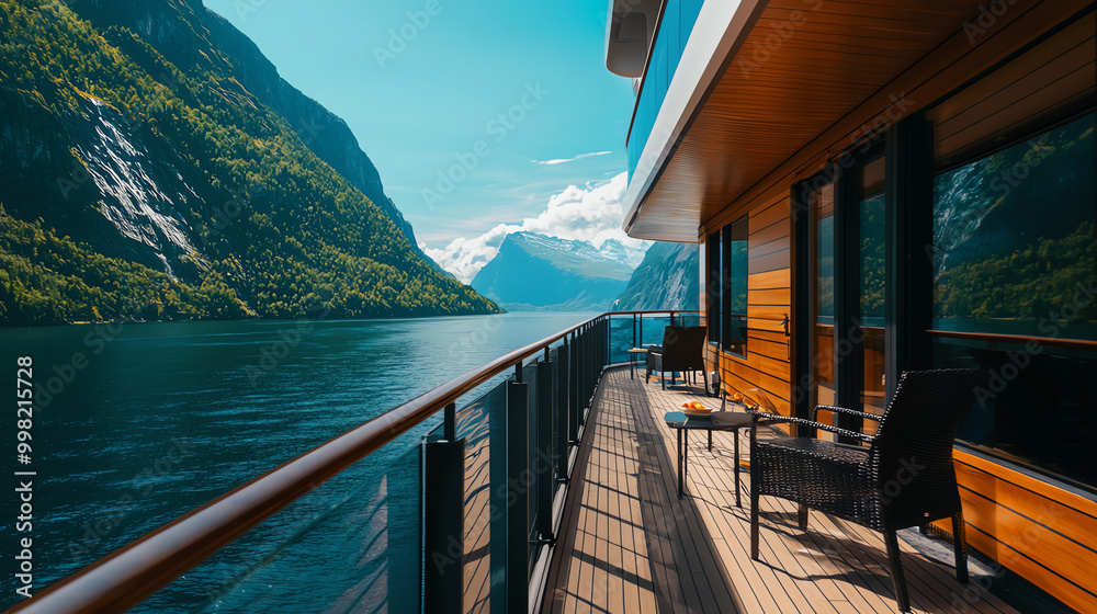 Wall mural Spacious balcony on a luxury cruise ship with breathtaking fjord scenery, cruise ship balcony  luxury  scenery, fjord adventure