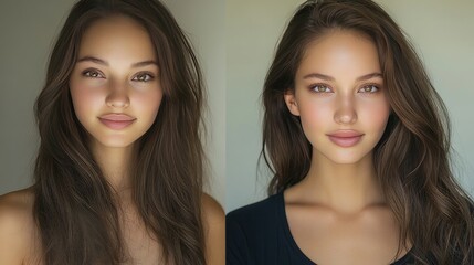 A before-and-after transformation of a woman with and without makeup, emphasizing the artistry and impact of makeup on enhancing natural beauty.