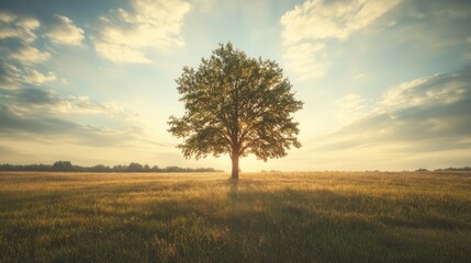 Fototapeta premium Solitary Tree in a Meadow at Sunset