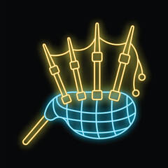 Glowing neon illustration of traditional scottish bagpipes, perfect for designs related to music, culture, and scotland