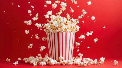 A Red Striped Popcorn Container with Scattered Popcorn