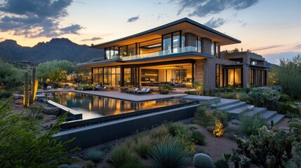A luxury home with glass windows, a stylish garden, and a sleek pool, softly glowing under warm evening lights, with a mountain range providing a scenic backdrop.
