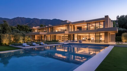 A luxury home with large glass windows, an elegant garden, and a modern swimming pool, illuminated by soft, golden evening light, with mountains in the background.