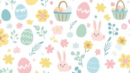 Easter vector pattern with eggs, flowers, and rabbits