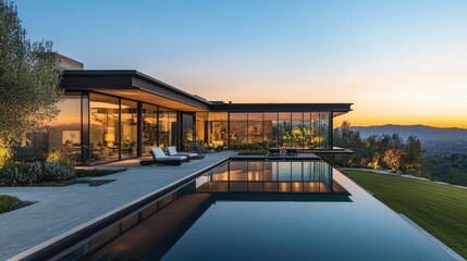 Obraz premium A luxury home with vast glass windows, a peaceful garden, and a chic pool, basking in soft evening light, set against the backdrop of a distant mountain range.