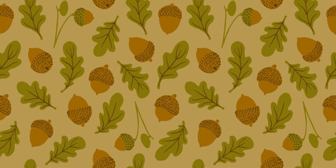 Oak tree leaves and cute acorns seamless pattern. Autumn, fall season wallpaper, background in autumnal, warm, cozy colours. Fabric, paper design.