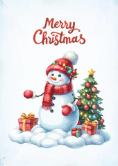 Watercolor snowman with christmas giftbox vector illustration.