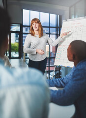 Business woman, speaker and meeting presentation with office team results and discussion of...