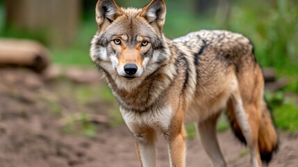 A close up of a wolf standing on the dirt ground, AI