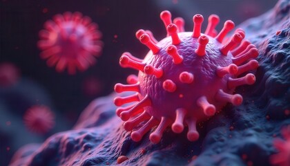 A vivid close-up of a virus, showcasing its intricate structure with protruding spikes, amidst a backdrop that suggests a scientific and microscopic focus.